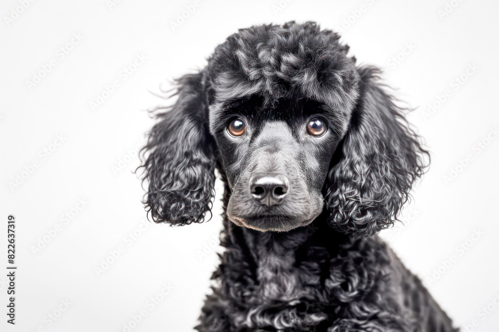 Black poodle in studio setting against white backdrop, showcasing their playful and charming personalities in professional photoshoot. Black poodle in studio setting against white backdrop, showcasing their playful and charming personalities in professional photoshoot.