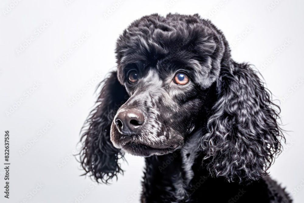 Black poodle in studio setting against white backdrop, showcasing their playful and charming personalities in professional photoshoot. Black poodle in studio setting against white backdrop, showcasing their playful and charming personalities in professional photoshoot.