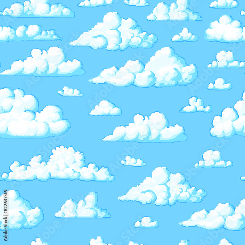 Pixel art cloud. Seamless pattern. 8 bit objects. Art, digital icons. Retro assets. Vintage game style. Set of characters. Vector illustration.