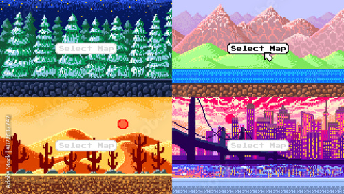 Modern city. Mountains. Cacti in the desert. Christmas trees. Pixel art 8 bit objects. landscape background for the application or a website. Retro game, Vintage banner for computer video arcades.