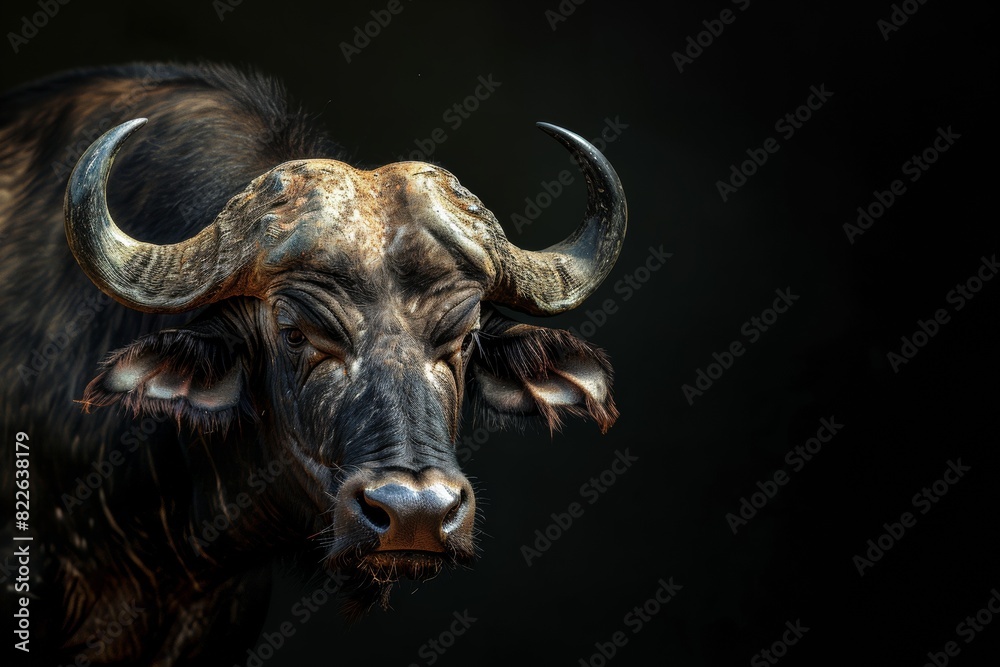 Naklejka premium Mystic portrait of African Buffalo, copy space on right side, Anger, Menacing, Headshot, Close-up View Isolated on black background