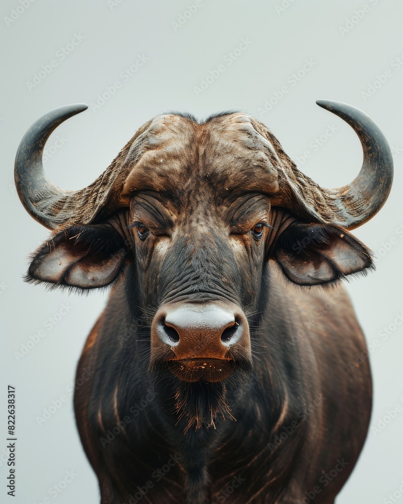 Mystic portrait of African Buffalo, copy space on right side Isolated on white background Mystic portrait of African Buffalo, copy space on right side Isolated on white background