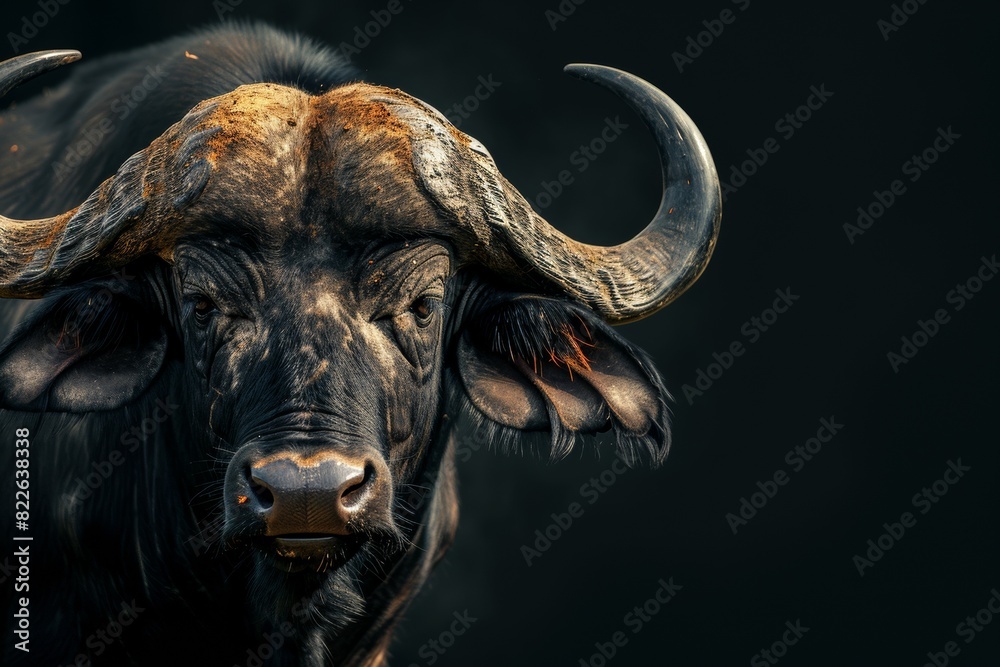 Mystic portrait of African Buffalo, copy space on right side, Anger, Menacing, Headshot, Close-up View Isolated on black background Mystic portrait of African Buffalo, copy space on right side, Anger, Menacing, Headshot, Close-up View Isolated on black background