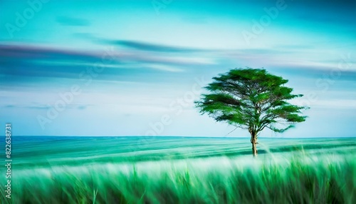 A lone tree stands sentinel amidst the sea of emerald grass under the open sky.