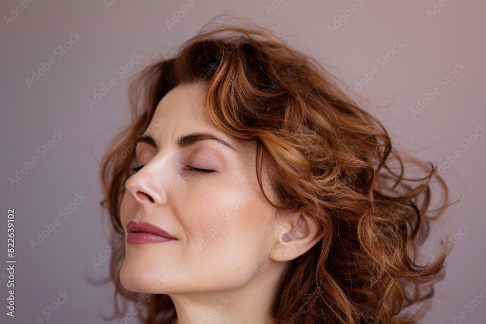 A close up of a woman's face with her eyes closed looking to a side A close up of a woman's face with her eyes closed looking to a side