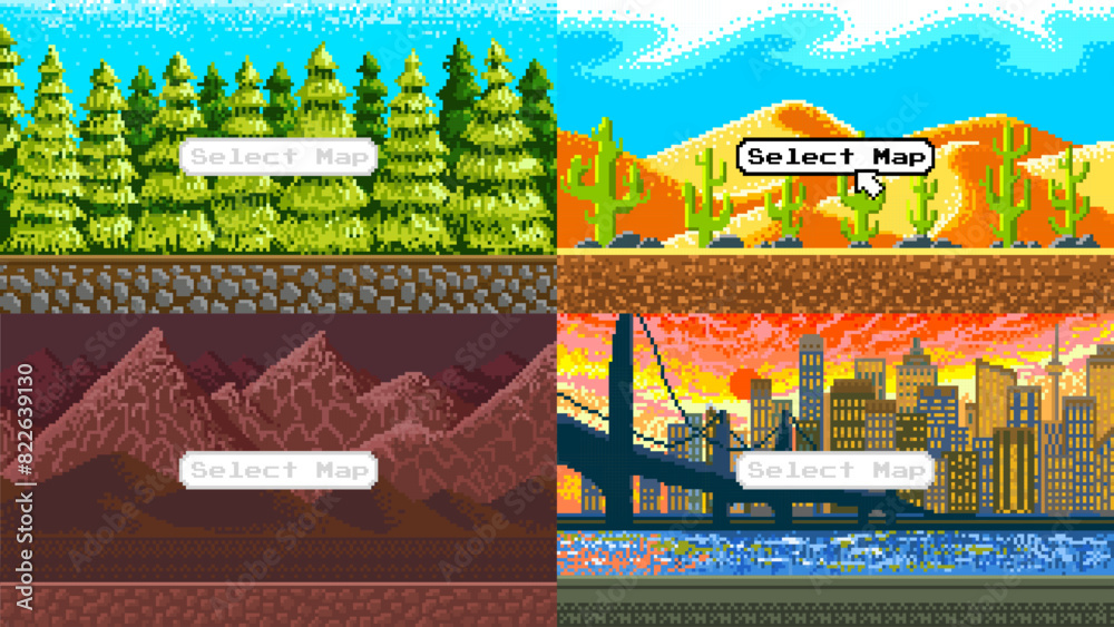 Modern city. Mountains. Cacti in the desert. Christmas trees. Pixel art 8 bit objects. landscape background for the application or a website. Retro game, Vintage banner for computer video arcades.