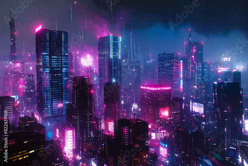 Neon lit futuristic cityscape with tall skyscrapers in vibrant pinks and blues  under a dark  rainy sky. The atmosphere is cyberpunk  perfect for sci-fi  tech  and dystopian themes.