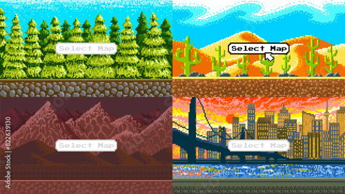 Modern city. Mountains. Cacti in the desert. Christmas trees. Pixel art 8 bit objects. landscape background for the application or a website. Retro game, Vintage banner for computer video arcades.