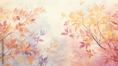Depict a serene outdoor scene with pink and yellow mixed leaves wallpaper serving as a backdrop, the foliage gently swaying in the breeze