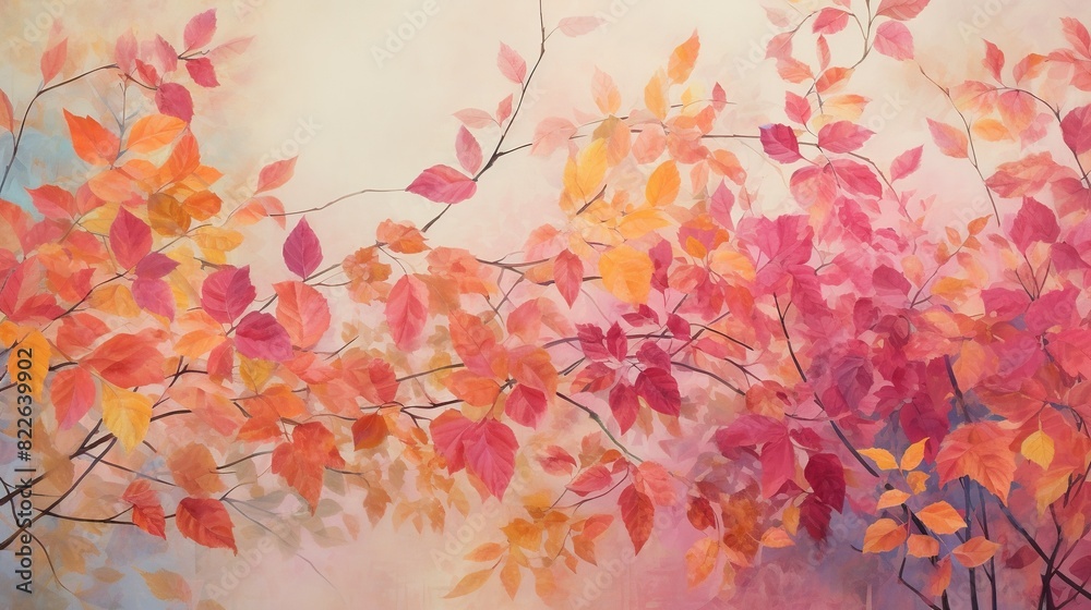 Depict a serene outdoor scene with pink and yellow mixed leaves wallpaper serving as a backdrop, the foliage gently swaying in the breeze