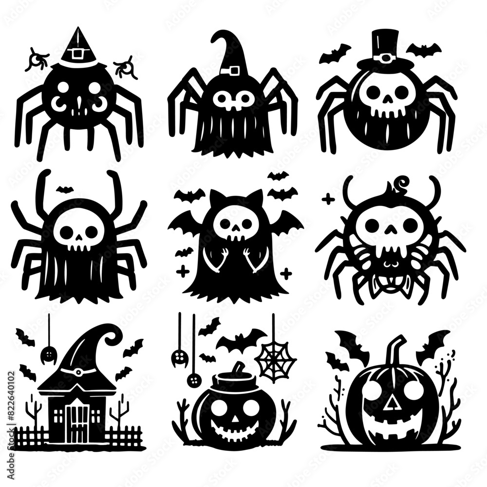 Obraz premium Vector illustration, halloween icons set of spiders for decoration