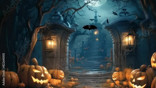 Eerie pumpkin-lit pathway, haunted ambiance, moonlit night, spooky jack-o'-lanterns, ancient tombstones, bats flying, creepy forest, ghostly shadows, Halloween theme, autumn leaves scattered. photo