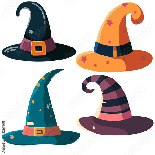 Vector illustration, set of halloween hats, witch hats