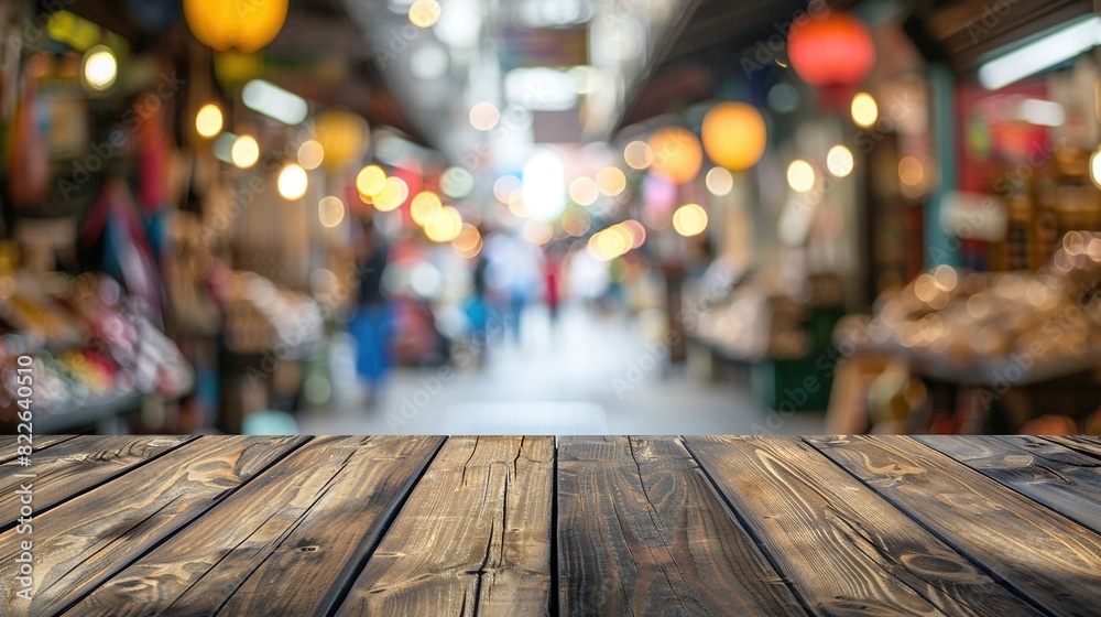 Empty wood table and blured busy market background with copy space