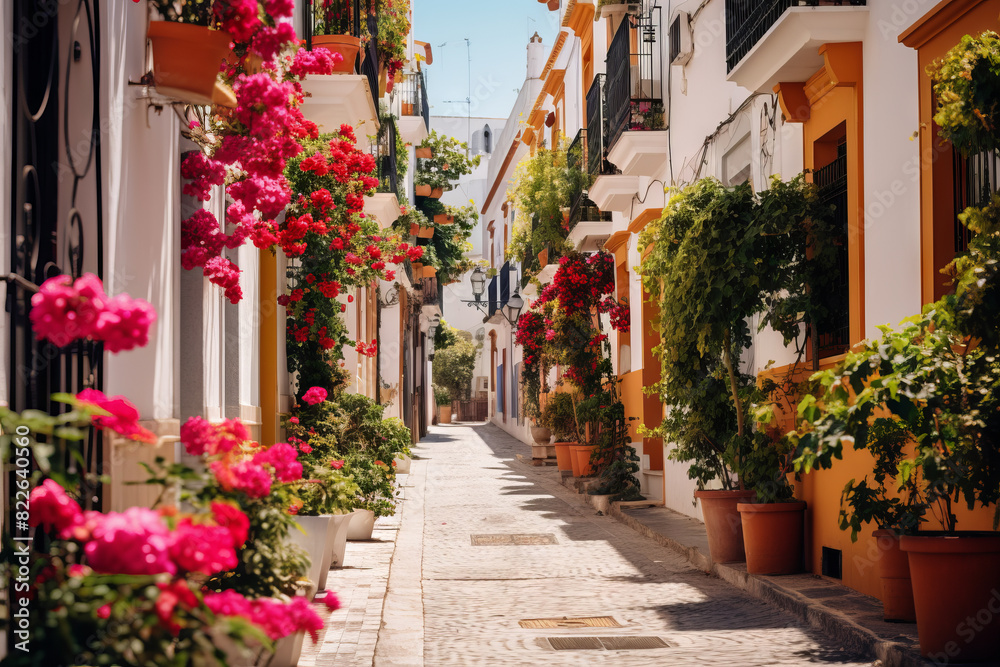 Traditional Mediterranean style whitewashed houses and pink blooming bougainvillea in cozy alleway street
