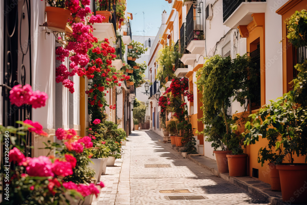 Traditional Mediterranean style whitewashed houses and pink blooming bougainvillea in cozy alleway street Traditional Mediterranean style whitewashed houses and pink blooming bougainvillea in cozy alleway street