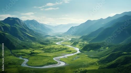 A river runs through a lush green valley with mountains in the background © GenBy
