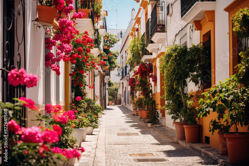 Traditional Mediterranean style whitewashed houses and pink blooming bougainvillea in cozy alleway street © vejaa