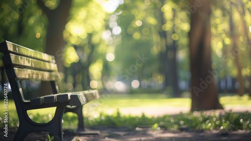 Empty park bench in summer. Peaceful scene of an empty bench in a sunny park, perfect for themes of relaxation, tranquility, and outdoor leisure. photo