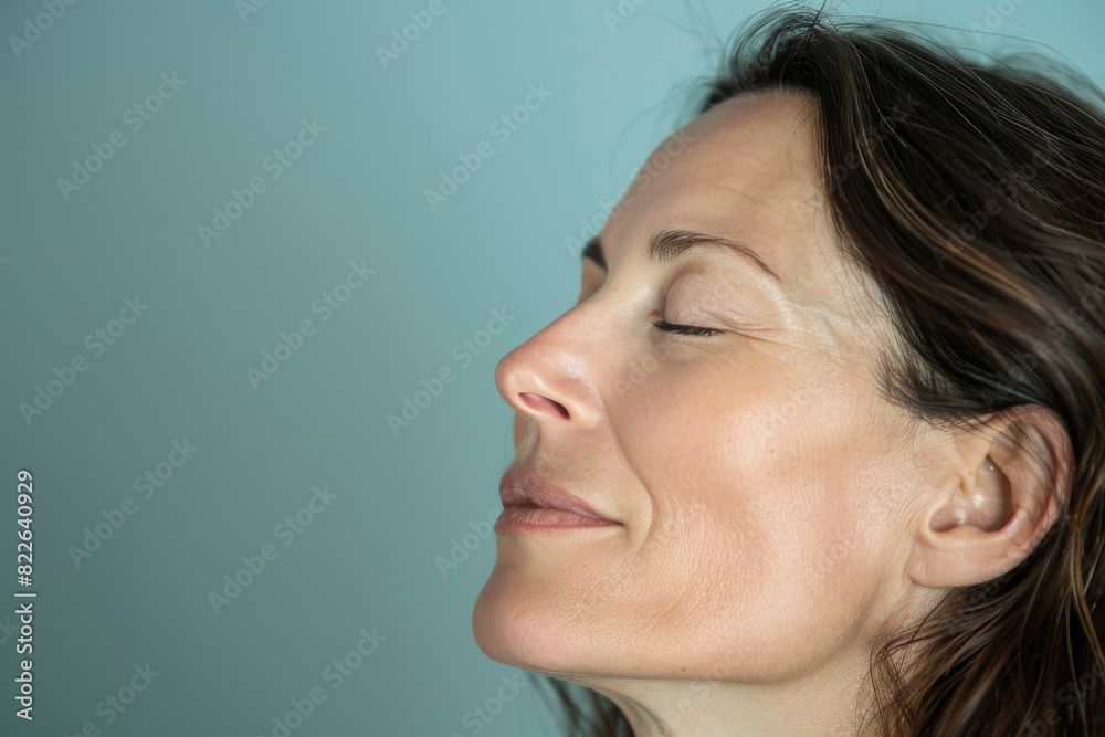 A close up of a woman's face with her eyes closed looking to a side A close up of a woman's face with her eyes closed looking to a side