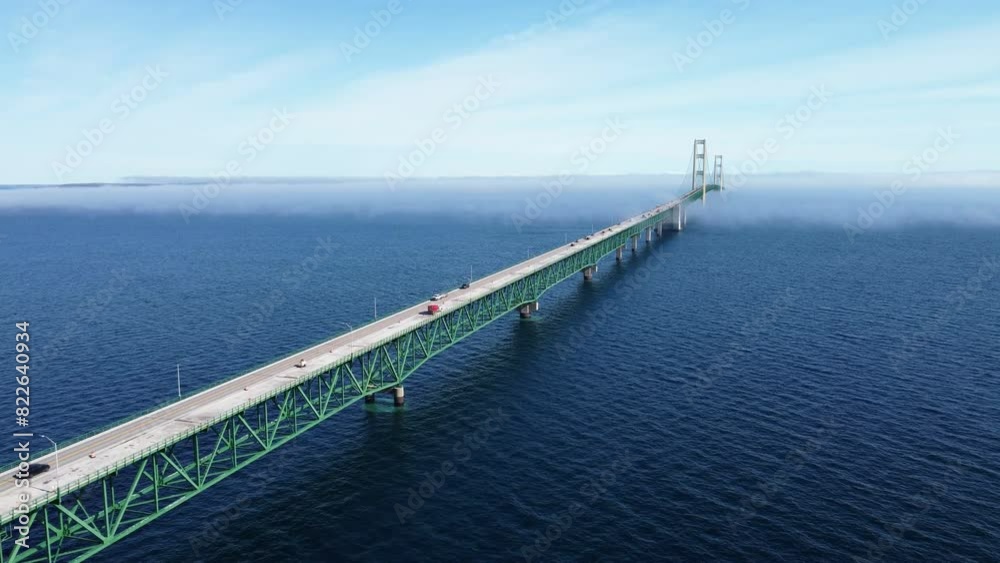 Mackinaw Bridge Mackinaw City drone shot panning out over the bridge