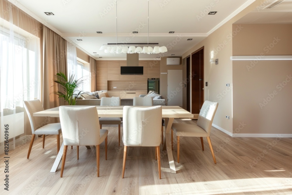 Modern Apartment Interior Showcasing Dining Area and Open Kitchen with City Views