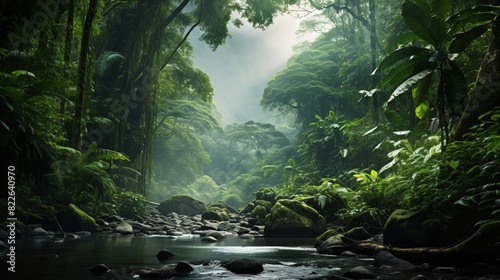 A lush green jungle with a river running through it