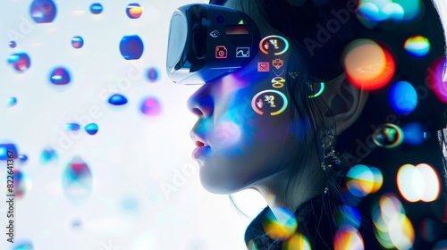 portrait of a woman with virtual reality projections of digital icons around her face © Nijat
