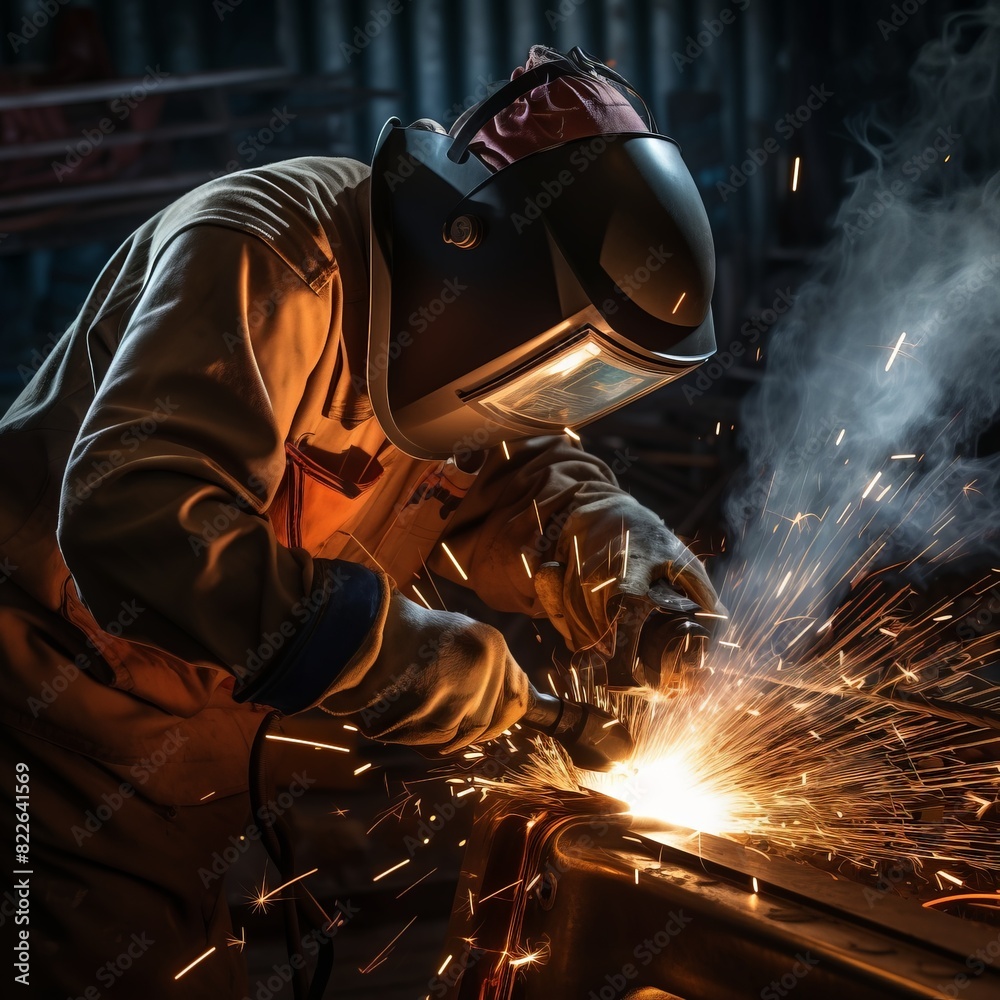 A man in a protective suit is working with a piece of machinery that is producin A man in a protective suit is working with a piece of machinery that is producin