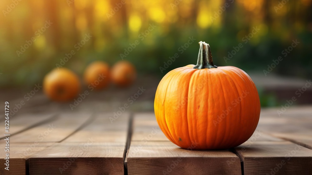 A large orange pumpkin sits on a wooden table A large orange pumpkin sits on a wooden table