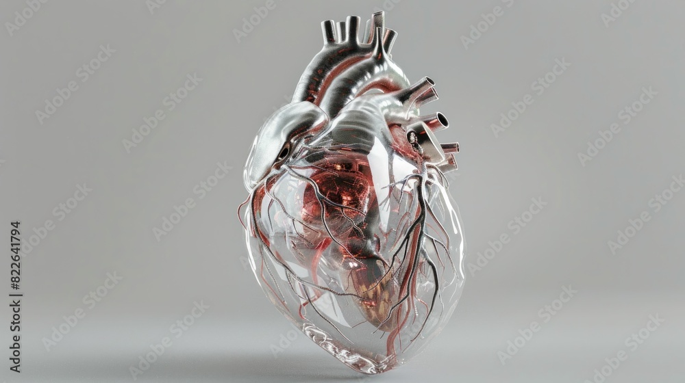 Anatomy of human heart with red vein on gray background medical 3d illustration of cardiovascular system Anatomy of human heart with red vein on gray background medical 3d illustration of cardiovascular system