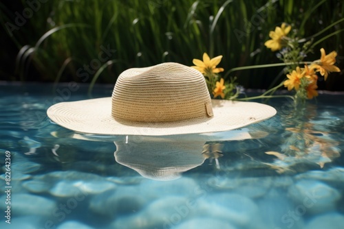 Stylish straw sun hat floats tranquilly on a clear pool with reflections and flowers in the background