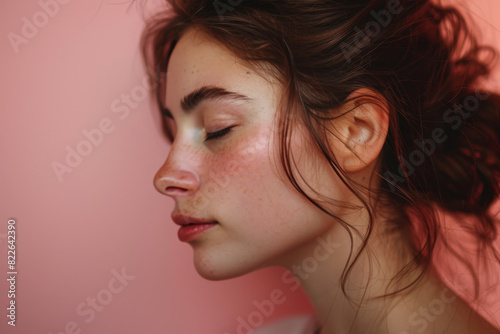 A close up of a woman's face with her eyes closed looking to a side