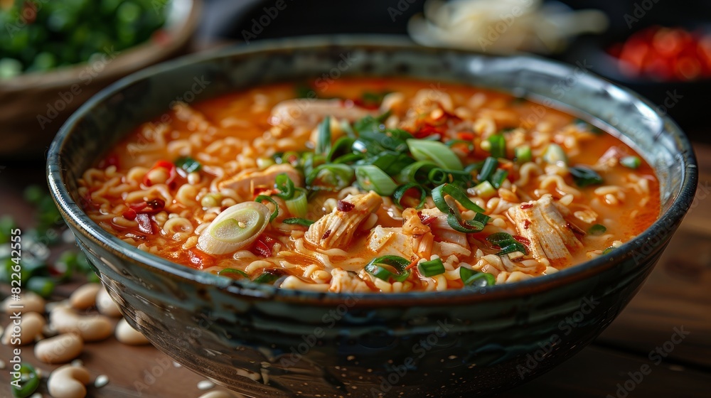 A mesmerizing bowl of chicken noodle soup, the crown jewel of Indonesian cuisine, crowned with perfectly placed scallions. A mesmerizing bowl of chicken noodle soup, the crown jewel of Indonesian cuisine, crowned with perfectly placed scallions.