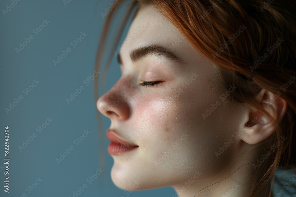 A close up of a woman's face with her eyes closed looking to a side A close up of a woman's face with her eyes closed looking to a side