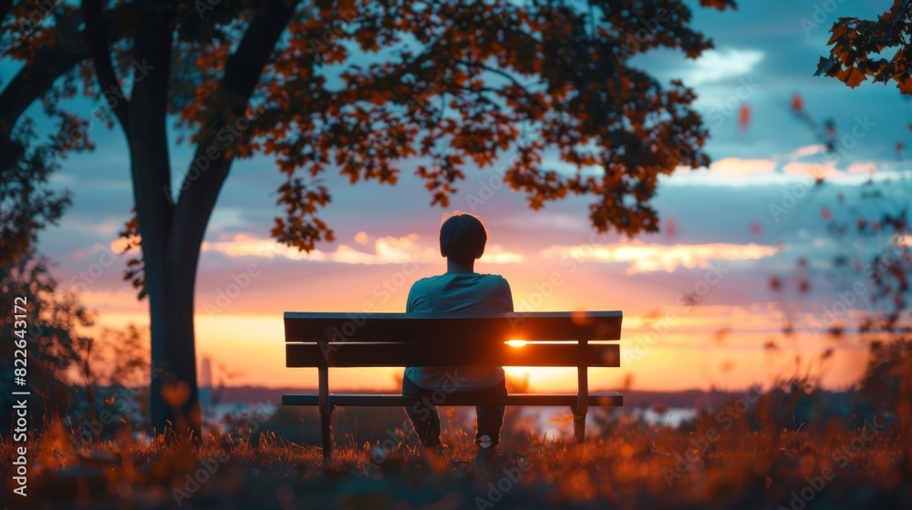 A person sitting on a park bench watching the sunset and admiring the colors without trying to capture it on their phone. A person sitting on a park bench watching the sunset and admiring the colors without trying to capture it on their phone.