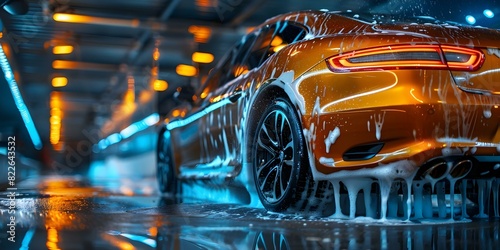 Detailed view of car being washed in a car wash. Concept Car Wash, Detailed Cleaning, Water Spray, Suds, Sparkling Finish photo