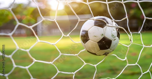 Soccer Ball Flying into Goal with Green Grass Background