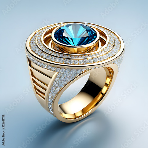 Gold ring silver render model large blue gemstone pave diamonds luxury jewelry mockup template concept design
3D visualisation