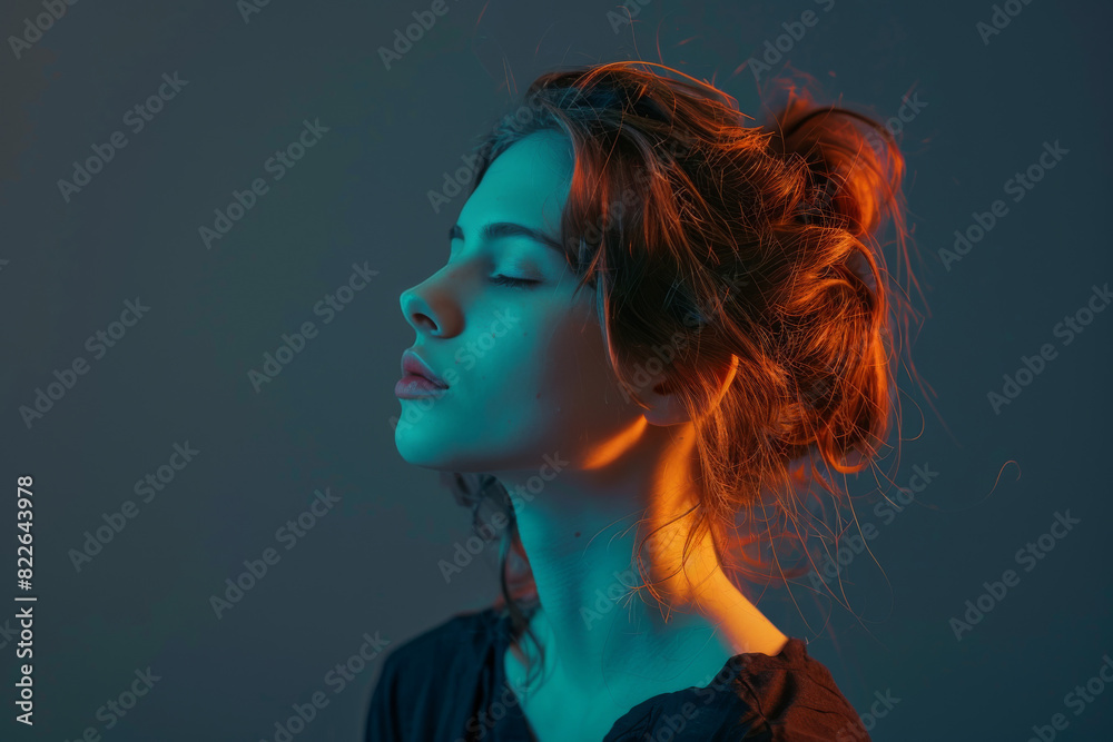 Fototapeta premium A close up of a woman's face with her eyes closed looking to a side