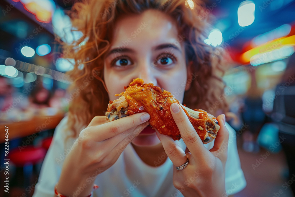 Eating fast food wings and drumsticks, a greasy and satisfying meal for the hungry, featuring giant portions of delicious food Eating fast food wings and drumsticks, a greasy and satisfying meal for the hungry, featuring giant portions of delicious food