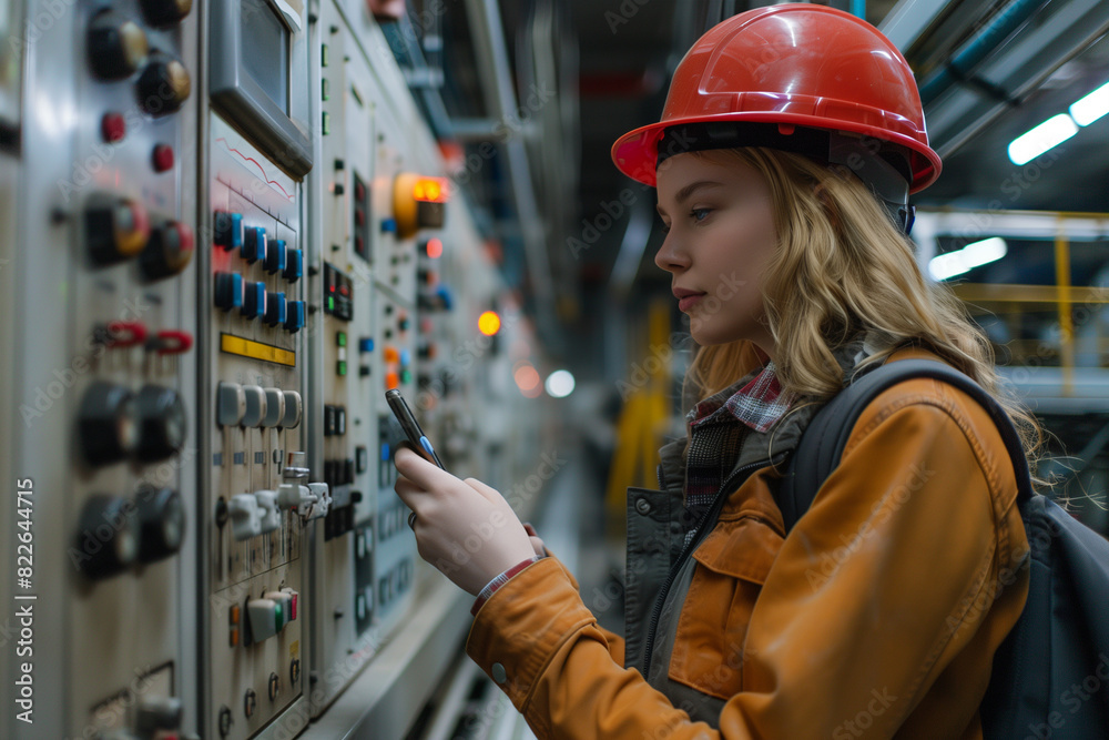 Woman in Hard Hat Working on Control Panel Woman in Hard Hat Working on Control Panel