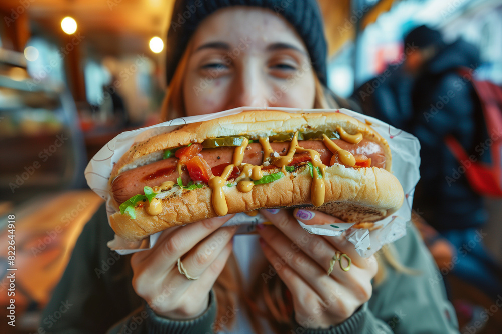 Eating giant fast food hot dog, relishing a greasy and substantial meal, perfect for anyone with a giant hunger for food Eating giant fast food hot dog, relishing a greasy and substantial meal, perfect for anyone with a giant hunger for food
