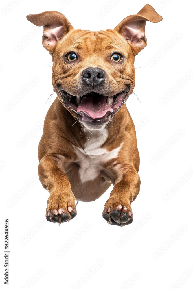A happy brown and white puppy with big ears and a wide smile, jumping in mid-air. A happy brown and white puppy with big ears and a wide smile, jumping in mid-air.