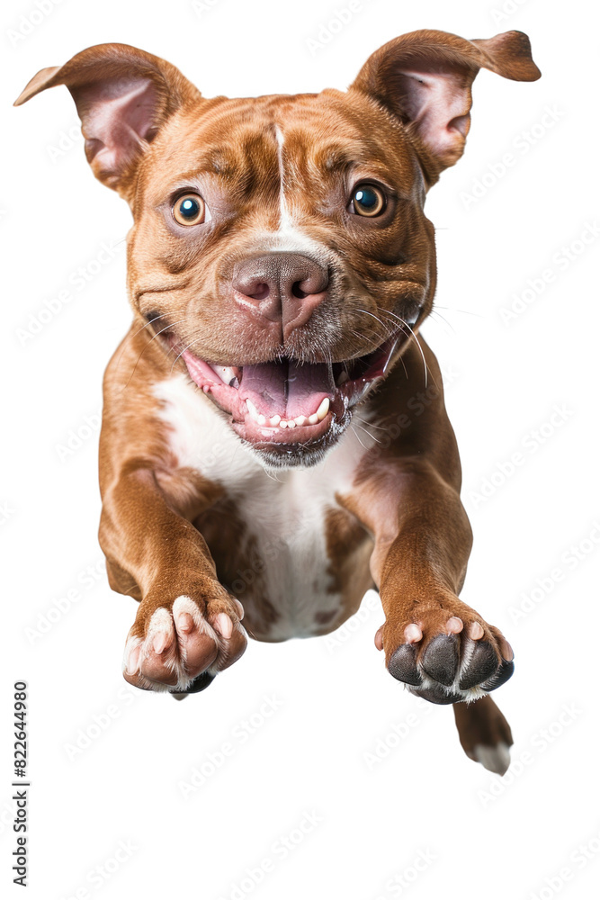 A happy brown and white puppy with big brown eyes and a wide grin leaps towards the camera with paws outstretched. A happy brown and white puppy with big brown eyes and a wide grin leaps towards the camera with paws outstretched.