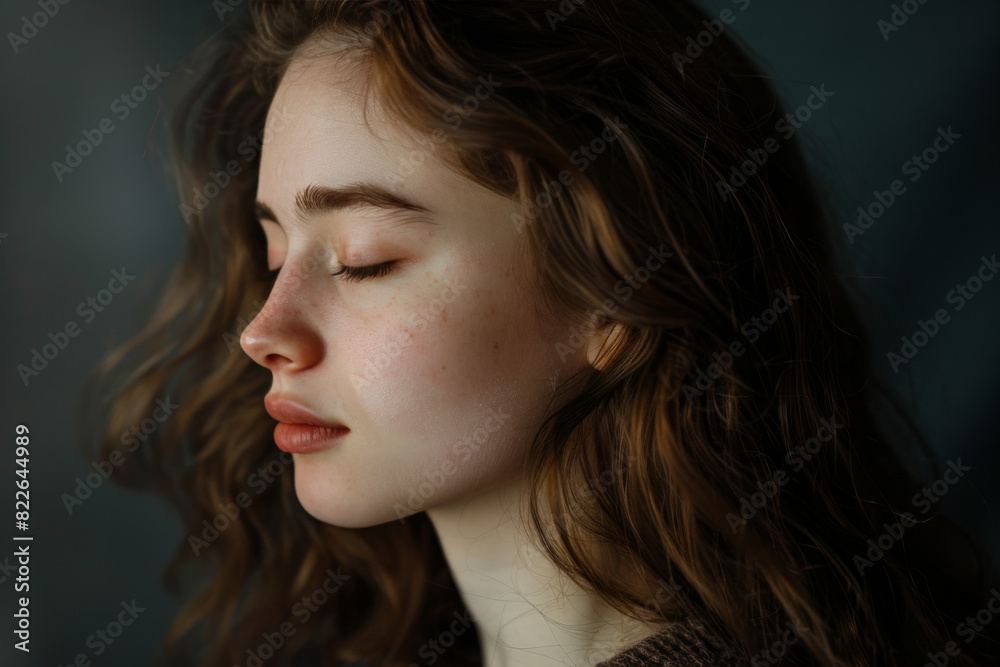 A close up of a woman's face with her eyes closed looking to a side A close up of a woman's face with her eyes closed looking to a side