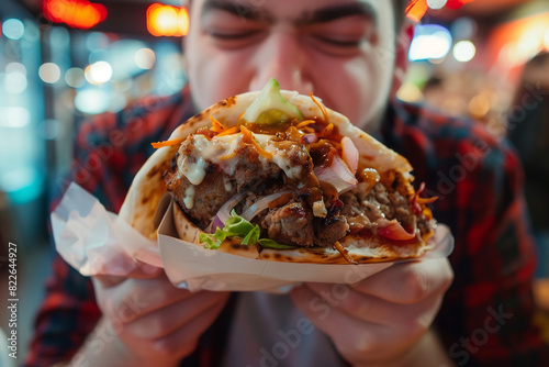 Eating giant fast food kebab, relishing a greasy and massive meal, ideal for anyone feeling very hungry and in need of a hearty dish