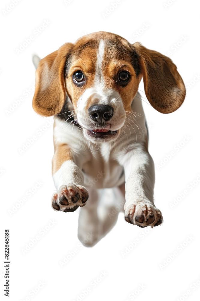 A playful Beagle puppy with brown, white and black fur, looking directly at the camera with paws outstretched.