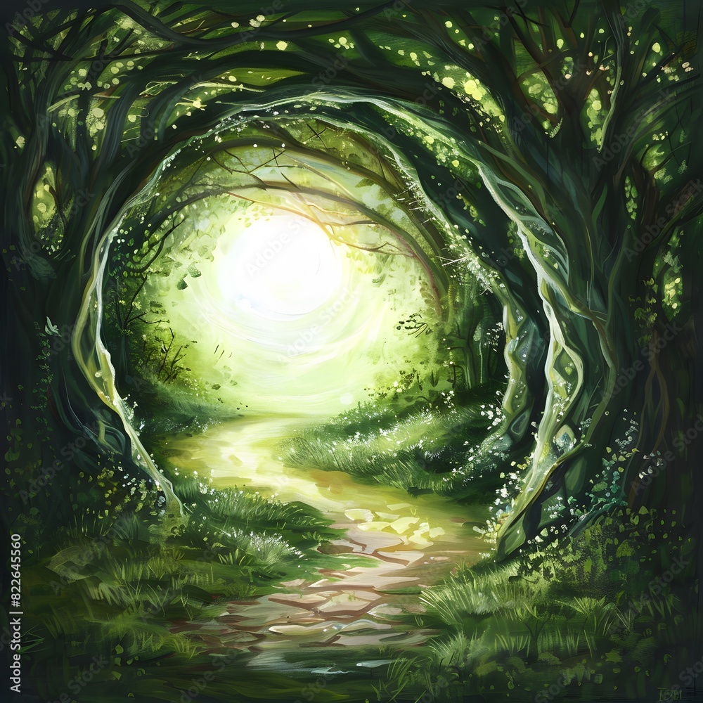 Obraz premium Sunny Forest Path Leading to Light in Fantasy World