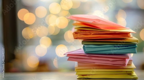 A stack of colorful envelopes each addressed with personalized handwriting eagerly waiting to be sent off to distant friends.